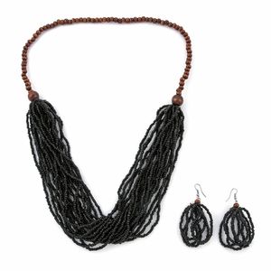 Black Seed Bead & Wooden Bead Necklace Earrings Set